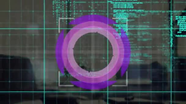 紫色の円と空のオフィス上のデータ処理のアニメーション グローバルビジネス デジタルインターフェースの概念 デジタルで生成されたビデオ — ストック動画