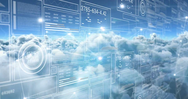 Image of data processing over clouds. Social media and digital interface concept digitally generated image.