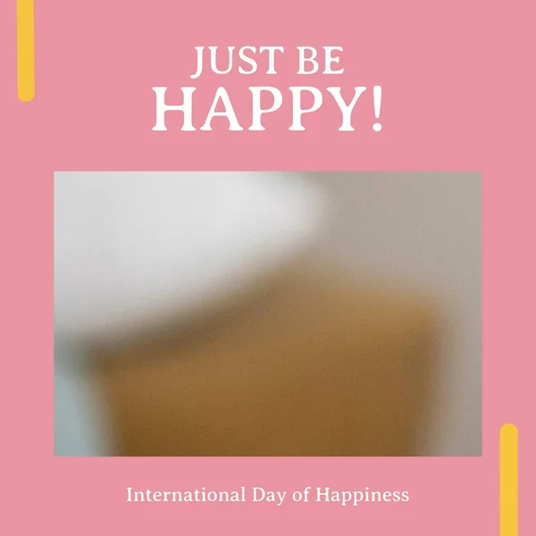 Composition Just Happy International Day Happiness Text Pink Background International — Φωτογραφία Αρχείου