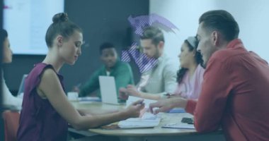 Animation of globe and data processing over business people in office. Global computing, finance, business and data processing concept digitally generated video.