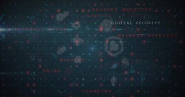 Animation of icons and data processing on black background. Global technology, computing and digital interface concept digitally generated video.