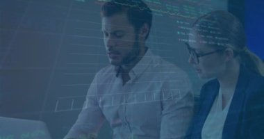 Animation of stock market data processing over caucasian businessman and businesswoman discussing. Global finance and business technology concept