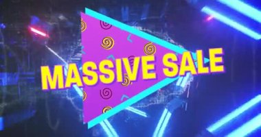 Animation of massive text over triangle and spiral patterns against futuristic tunnel in background. Digitally generated, hologram, illuminated, illustration, discount, marketing, advertisement.