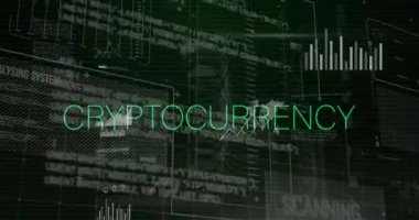 Animation of cryptocurrency text, statistics and data processing. Global online security, business, finances, computing and data processing concept digitally generated video.
