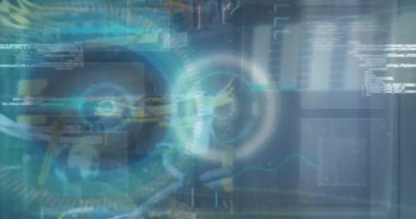 Animation of scope scanning and data processing over caucasian woman in server room. Global technology, computing and digital interface concept digitally generated video.