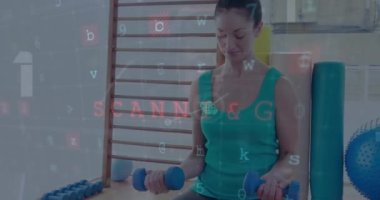 Composite of cyber attack warning text and data processing over woman exercising. Global sports, exercise, data processing and computing concept digitally generated video.
