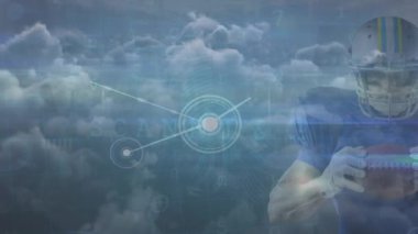 Animation of computer data processing over american football player. Global sports, computing and data processing concept digitally generated video.