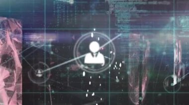 Animation of connected icons, globe and programming language against abstract background. Digitally generated, hologram, globalization, coding, machine learning and technology concept.