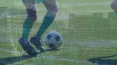 Animation of financial data processing over football players. Global sports, finance, computing, connections and data processing concept digitally generated video.