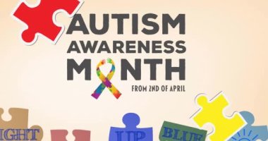 Animation of autism awareness month text with puzzle pieces on beige background. Autism awareness month and digital interface concept digitally generated video.