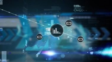 Mavi arkaplan ile veri işleme arayüzü üzerinde dijital simge ağının animasyonu. Küresel ağ ve iş teknolojisi kavramı