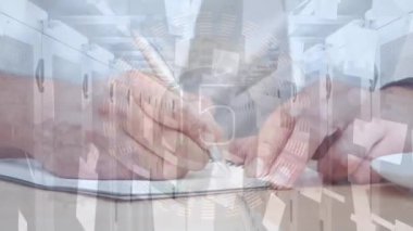 Animation of cloud, financial data processing over man writing. Global cloud computing, finance, business and data processing concept digitally generated video.