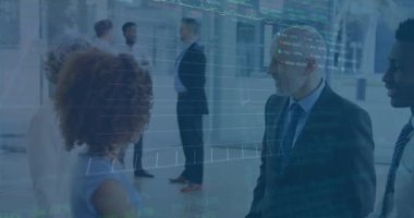 Animation of data processing over diverse business people in office. Global business and digital interface concept digitally generated video.