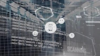 Animation of connected icons, graphs, computer language and medical interface over server room. Digital composite, multiple exposure, anatomy, report, communication, technology and network server.