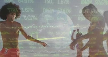 Animation of financial data processing and globe over friends on beach. Global holiday, finance, computing, connections and data processing concept digitally generated video.