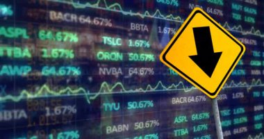 Animation of financial data processing and yellow road sign with arrow. Global business, finances, computing and data processing concept digitally generated video.