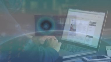 Animation of data processing over caucasian man using laptop. Global business and digital interface concept digitally generated video.