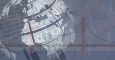 Animation of financial data processing and globe over bridge. Global finances, lifestyle and digital interface concept digitally generated video.