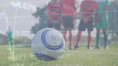 Animation of financial data processing over football players. Global sports, finance, computing, connections and data processing concept digitally generated video.