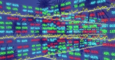 Animation of financial graphs and data over blue background with virus cells. Global pandemic, health, finance and connections concept digitally generated video.
