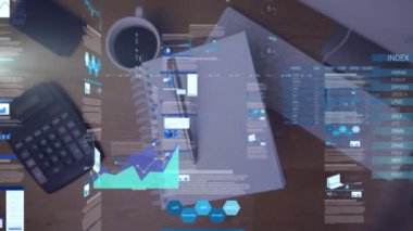 Animation of statistics and data processing over cardboard on conveyor belt. Global business finances connections and digital interface concept digitally generated video.