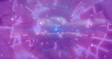 Animation of data processing over scope scanning and stars. Global computing, digital interface and data processing concept digitally generated video.