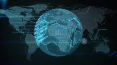 Animation of data processing over icons and globe. Global business and digital interface concept digitally generated video.