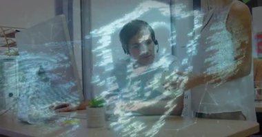 Animation of data processing and padlock over caucasian business people in office. Global business, finances and digital interface concept digitally generated video.