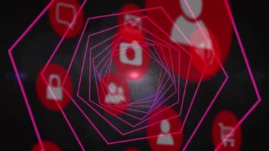 Animation of digital icons over hexagonal shapes in seamless pattern against light spot. Computer interface and business technology concept