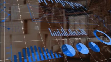 Animation of statistical data processing against stack of boxes at empty warehouse. Transportation logistics and business data technology concept