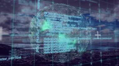 Animation of globe of connections and data processing over cityscape. Global connections, computing and digital interface concept digitally generated video.