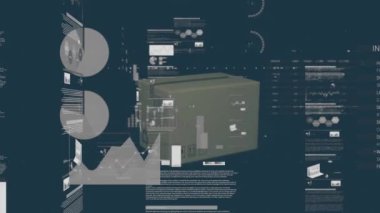 Animation of graphs and data over falling cardboard box and 2d model of truck. Digitally generated, hologram, report, business, distribution, vehicle, transportation ad technology concept.