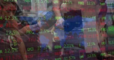 Composite of financial data processing over people exercising. Global sports, exercise, data processing and computing concept digitally generated video.