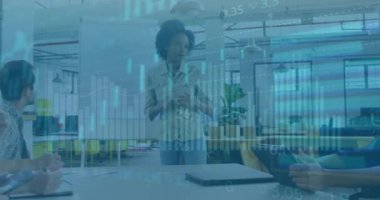 Animation of statistics and data processing over businesswoman using laptop. Global business connections digital interface and technology concept digitally generated video.