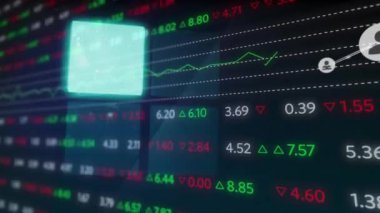 Animation of network of connections with icons over financial data. Network, connections, data processing and technology concept digitally generated video.
