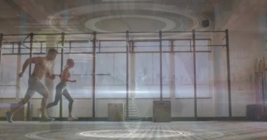 Animation of scope scanning and data processing over pedestrians walking in fast motion. Global business and digital interface concept digitally generated video.