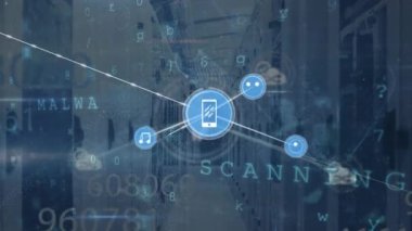 Animation of network of connections with icons over computer servers. Global connections, business, finance, computing and data processing concept digitally generated video.
