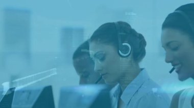 Animation of data processing over diverse people using phone headsets working in call center. Global communication, computing and digital interface concept digitally generated video.