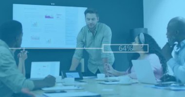 Animation of financial data processing over diverse business people having metting at office. Global business, finances and digital interface concept digitally generated video.