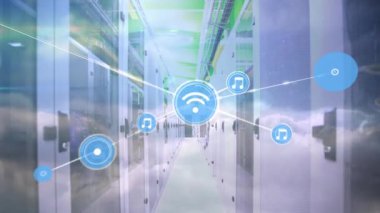 Animation of network of connections with icons over server room. Global connections, computing and digital interface concept digitally generated video.