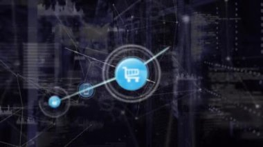 Animation of network of connections with icons over server room and data processing. Global business and digital interface concept digitally generated video.
