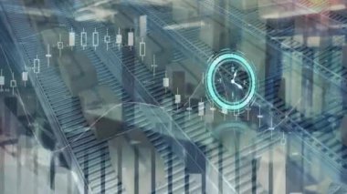 Animation of clock over statistics and financial data processing with warehouse. Global business, finance, computing and data processing concept digitally generated video.