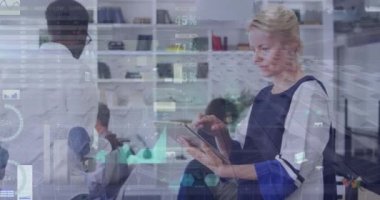 Animation of infographic interface, aerial view of solar panels, caucasian woman using technology. Digital composite, multiple exposure, global, report, renewable energy and business concept.