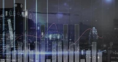 Animation of financial graphs moving over cityscape. Global trade, finance and economy concept digitally generated video.