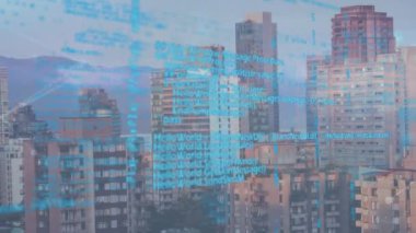 Animation of network of connections and data processing over cityscape. Global connections, computing and digital interface concept digitally generated video.