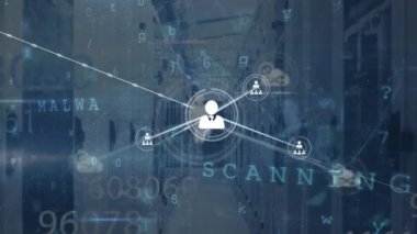 Animation of network of connections over padlock and server room. Global business and digital interface concept digitally generated video.