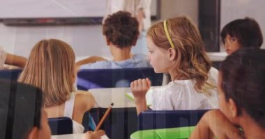 Animation of data processing over diverse schoolchildren talking. Global education and digital interface concept digitally generated video.