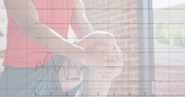 Animation of data processing over african american man at gym. Global sport and digital interface concept digitally generated video.