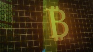 Animation of bitcoin symbol, binary coding and data processing. Global networks, business, finances, computing and data processing concept digitally generated video.