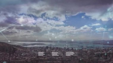 Animation of network of connections and data processing over cityscape. Global connections, computing and digital interface concept digitally generated video.